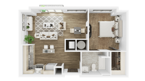 Floor plan for 1 bed, 1 bath, 718 sqft